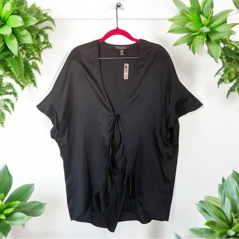 Victoria's Secret Women's Black Ruffle Front‎ Tie Short Robe One Size NWT